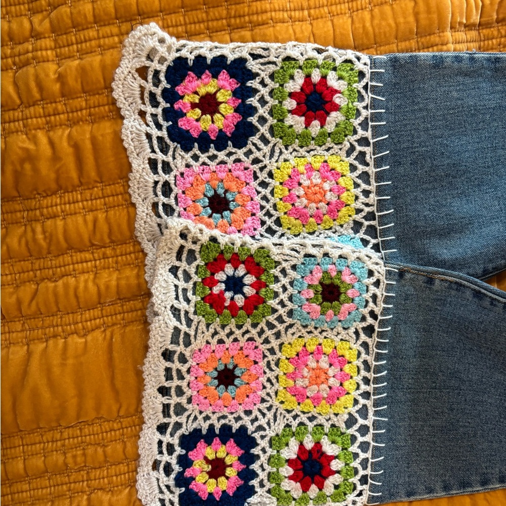 Revolt Y2K Crochet Flare Jeans | Boho Granny Square Patchwork Denim Size 27 - Picture 4 of 9